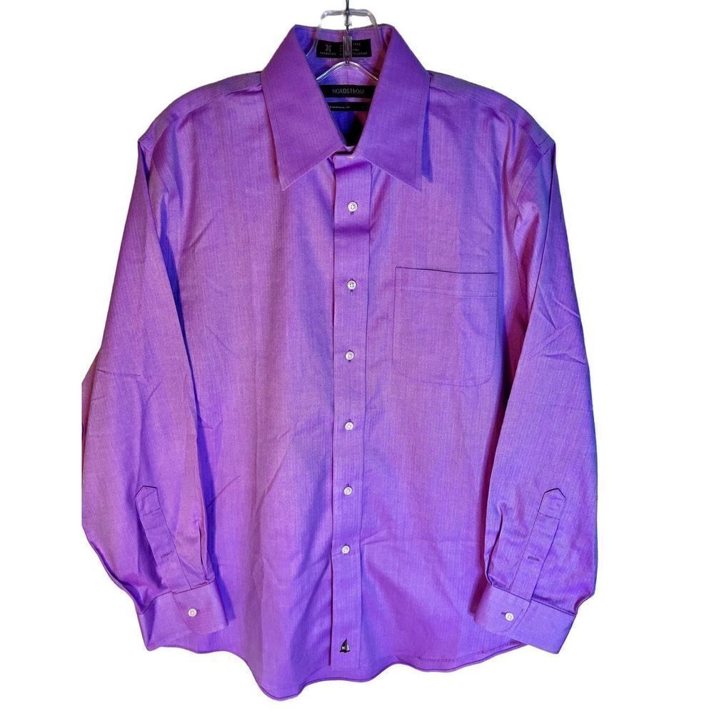 Nordstrom Dress Shirt Men 15 32/33 Purple Herringbone Wrinkle Free Long Sleeve